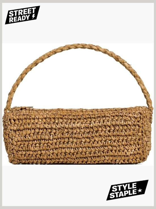 Handbags - Woven Straw Pouch Bag - Top Handle Mini Handbag